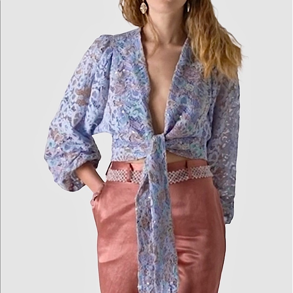 La Fuori Luna Tie Hem Wrap Top in Blue Lace. Size Small. NWOT
